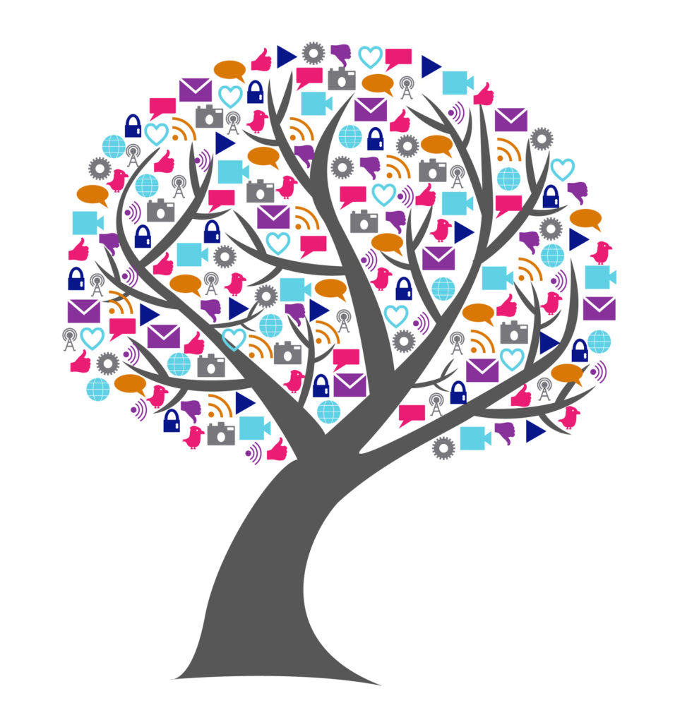 Social technology and media tree with the leafs replaced by small networking icons in bright colors